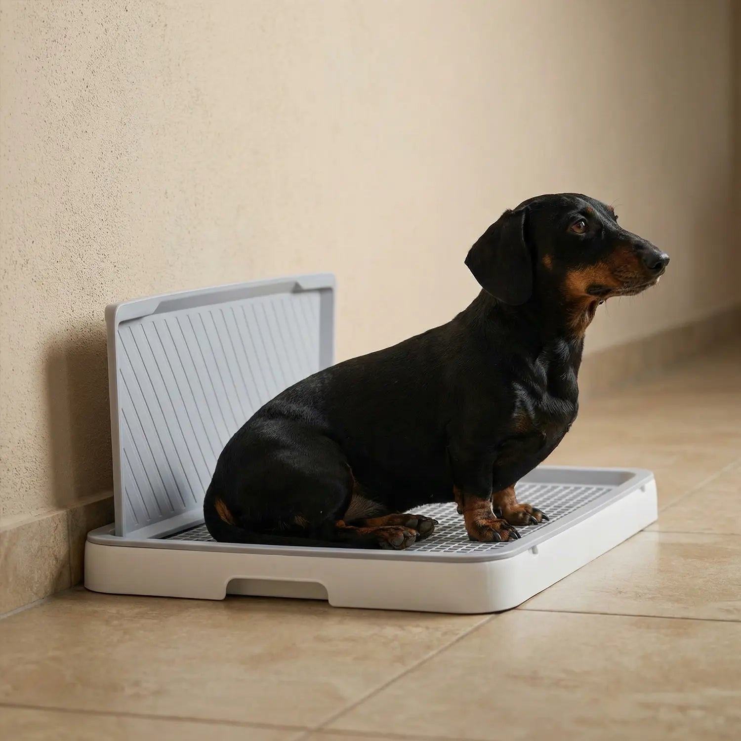 Tacskó kutya pihen a könnyen tisztítható kutyatoalett tálcán.